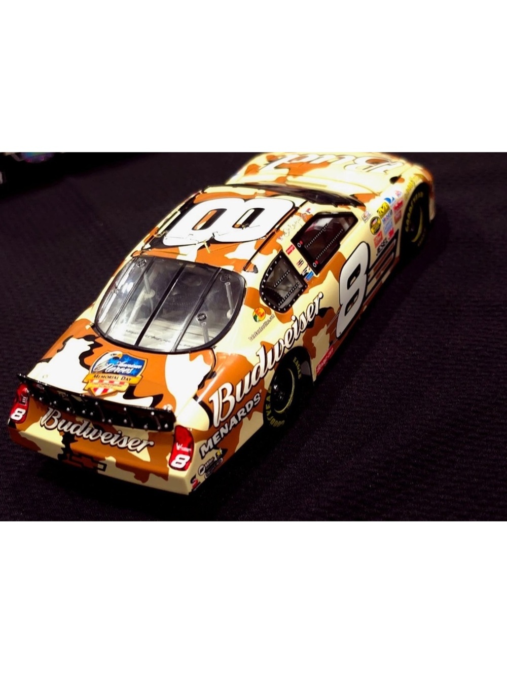 Budweiser #8 NASCAR Diecast Model Car with Camouflage Design